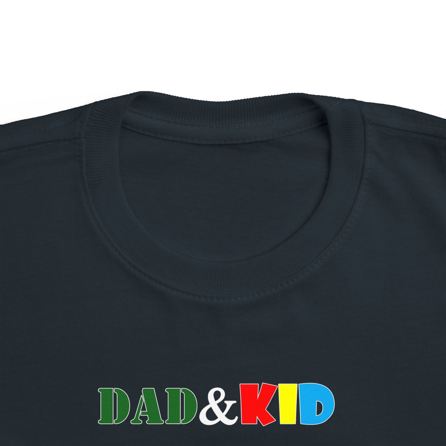 Black t-shirt with 'DAD & KID' text in colorful letters on a white background