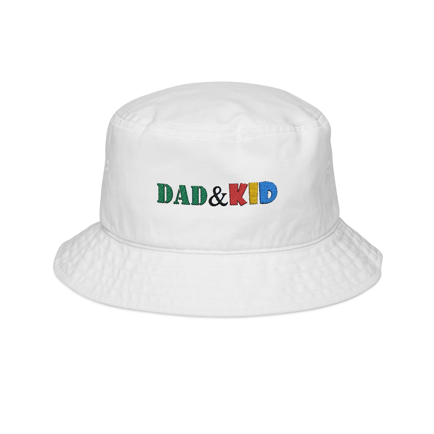 White bucket hat with 'DAD & KID' text in colorful letters on a white background