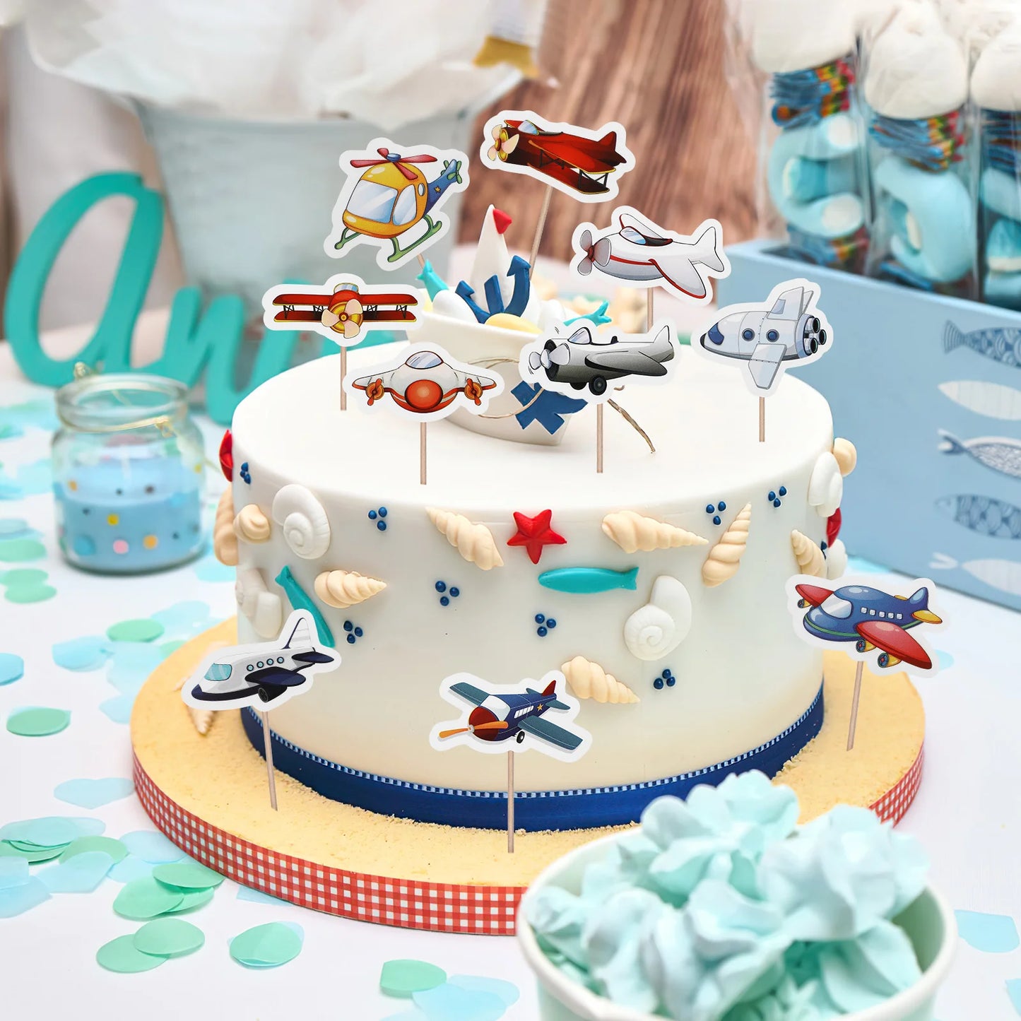 10 Pcs Plane Theme Birthday Decorations Cake Cupcake Picks Toy Set Toppers Airplane Wooden Child