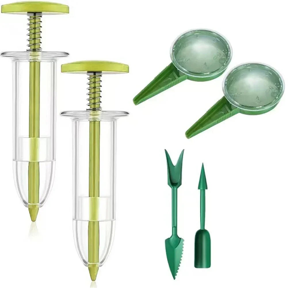Mini Sowing Seed Dispenser 5 Different Settings Handheld Seed Planter with 2 Transplanting Tools Hand Seeder Gardening Supplies