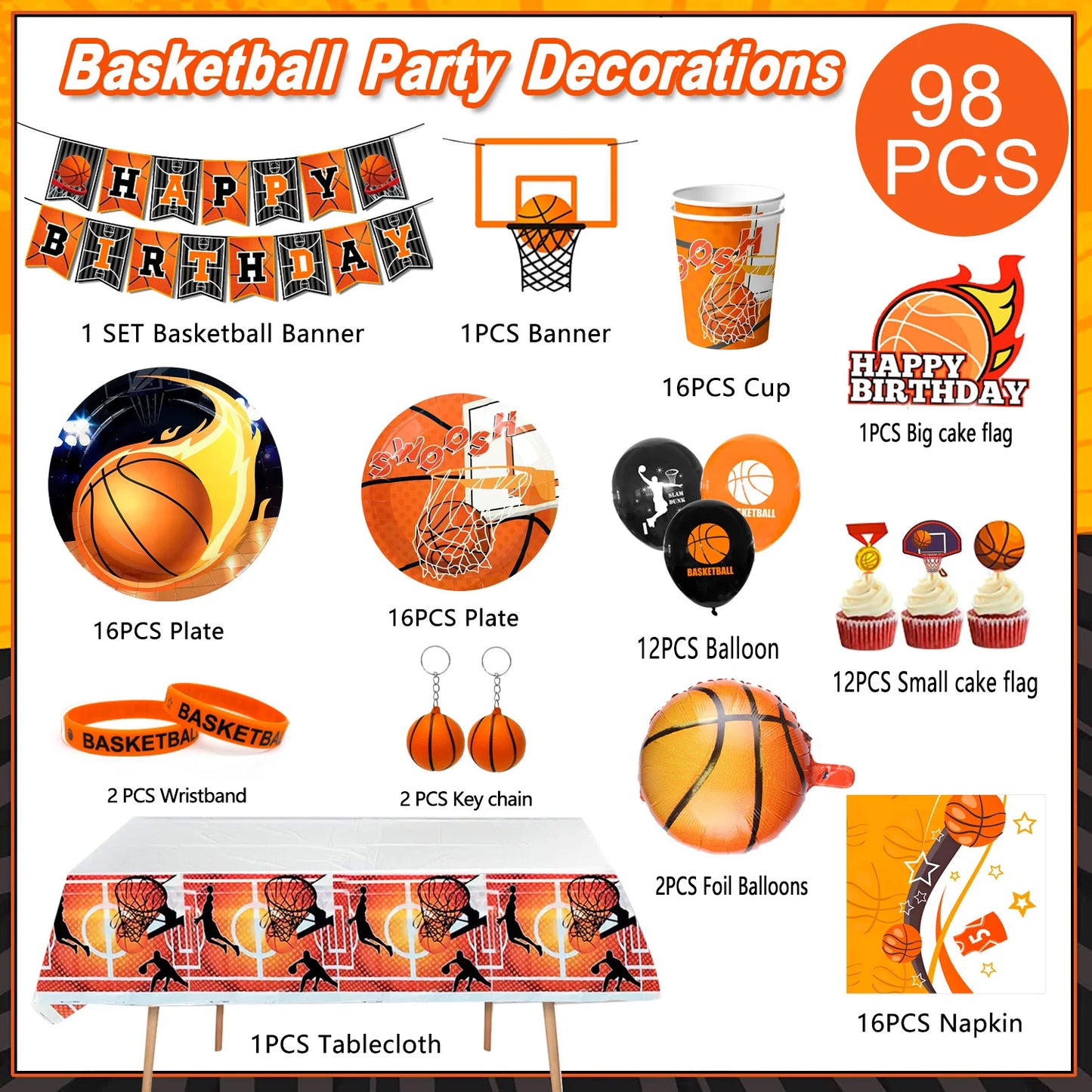 Basketball Birthday Decorations,98pcs Basketball Party Supplies and Decorations Set -Balloons Banner Tablecloth Plates ect