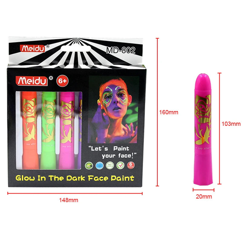 6 Colors UV Neon Crayons Kit Glow in the dark Body Face Paint Washable Water Soluble Face Painting Birthday Party Props