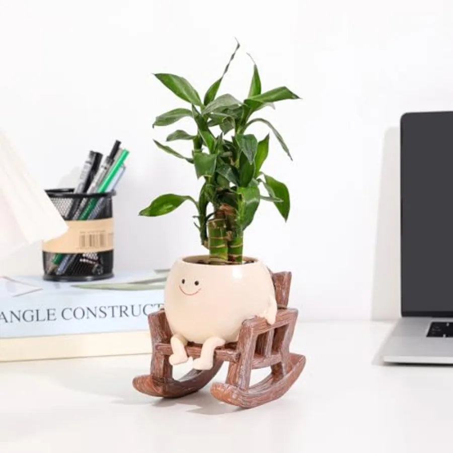 Cute Smiley Face Planter Pots Rocking Chair Resin Planter Pots for Indoor Outdoor Plants with Drainage Hole Unique Gift IdeaI