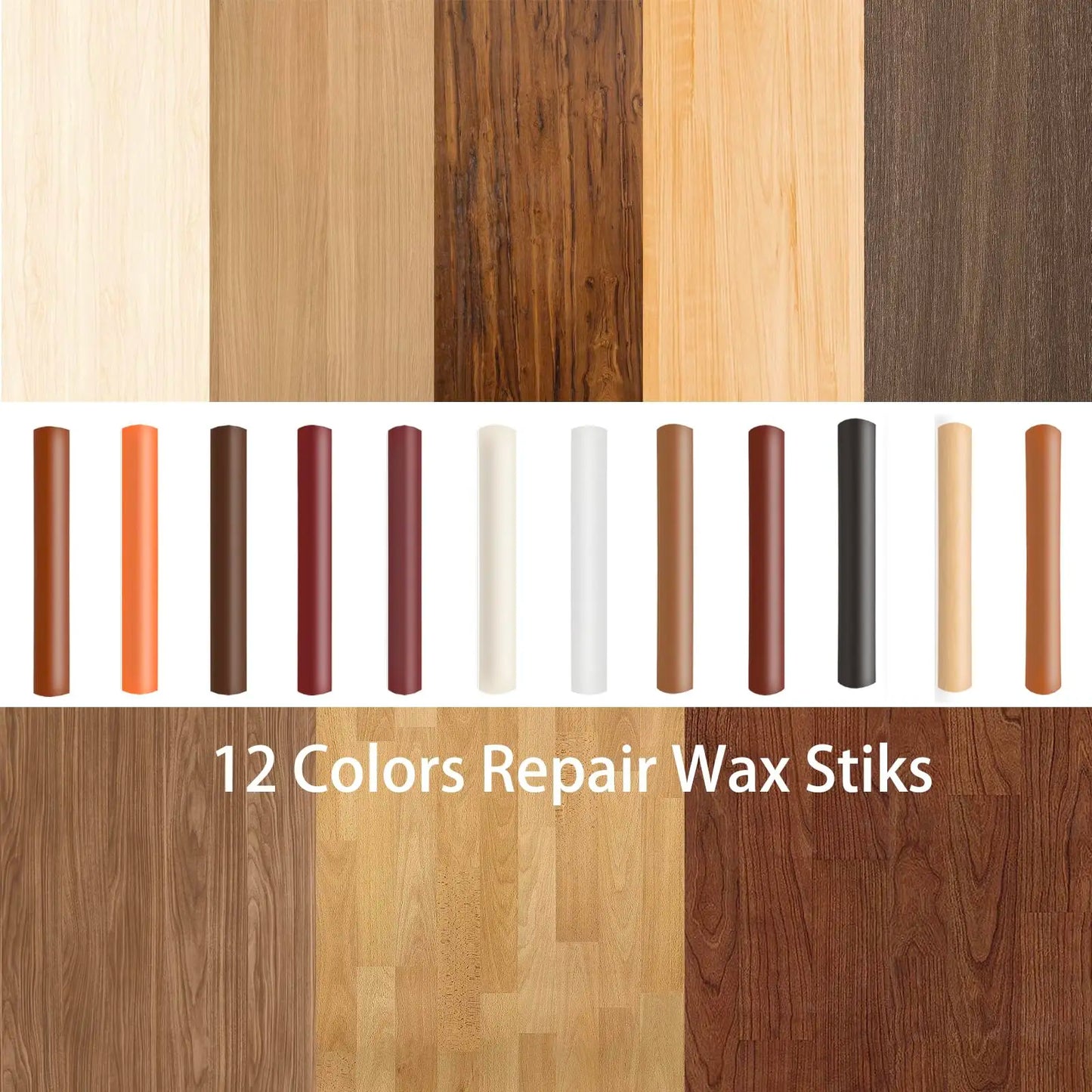 12-Pack Wooden Furniture Repair Kit - Wax Crayons/Pens for Filling Scratches on Floors/Tables