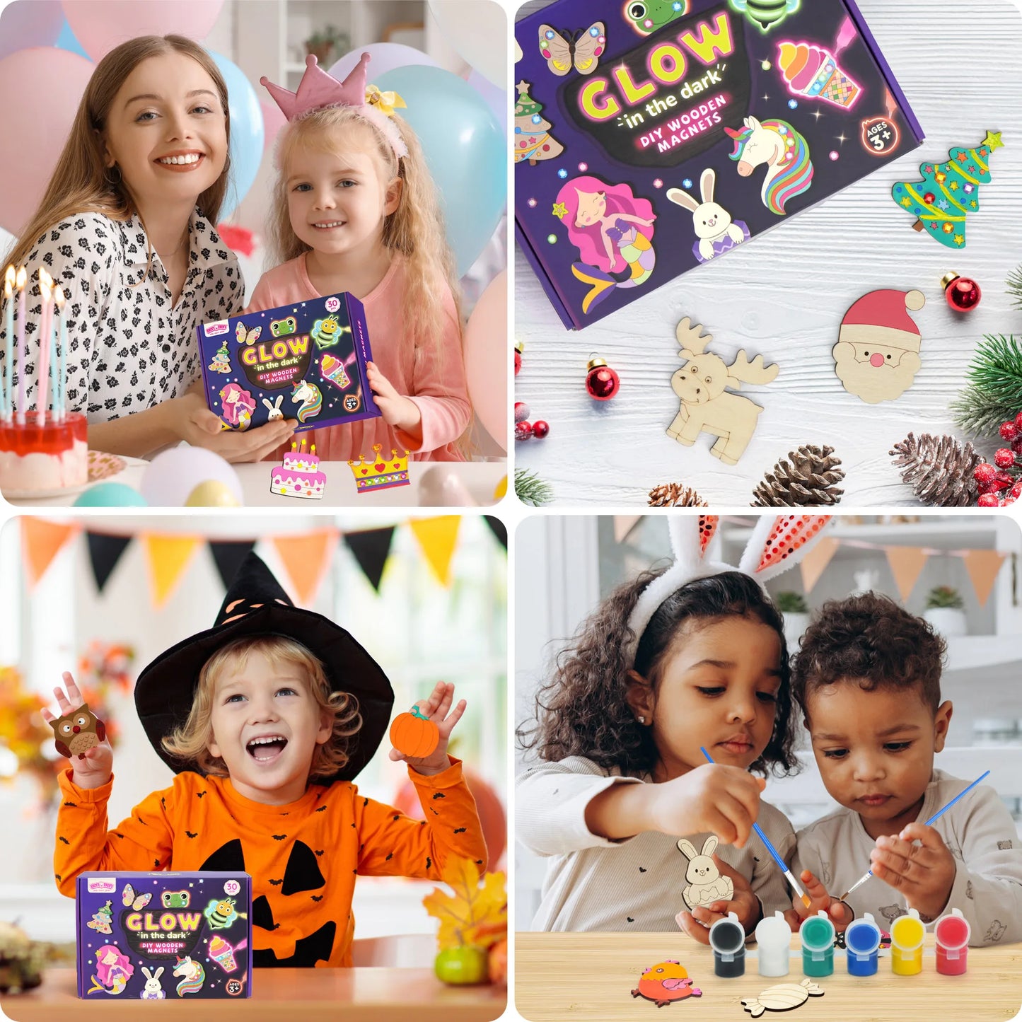 DIY Wooden Magnets Wood Crafts Kit for Kids Glow in The Dark, Arts Supplies Painting Kit, Fun Party Favors for Christmas Gifts