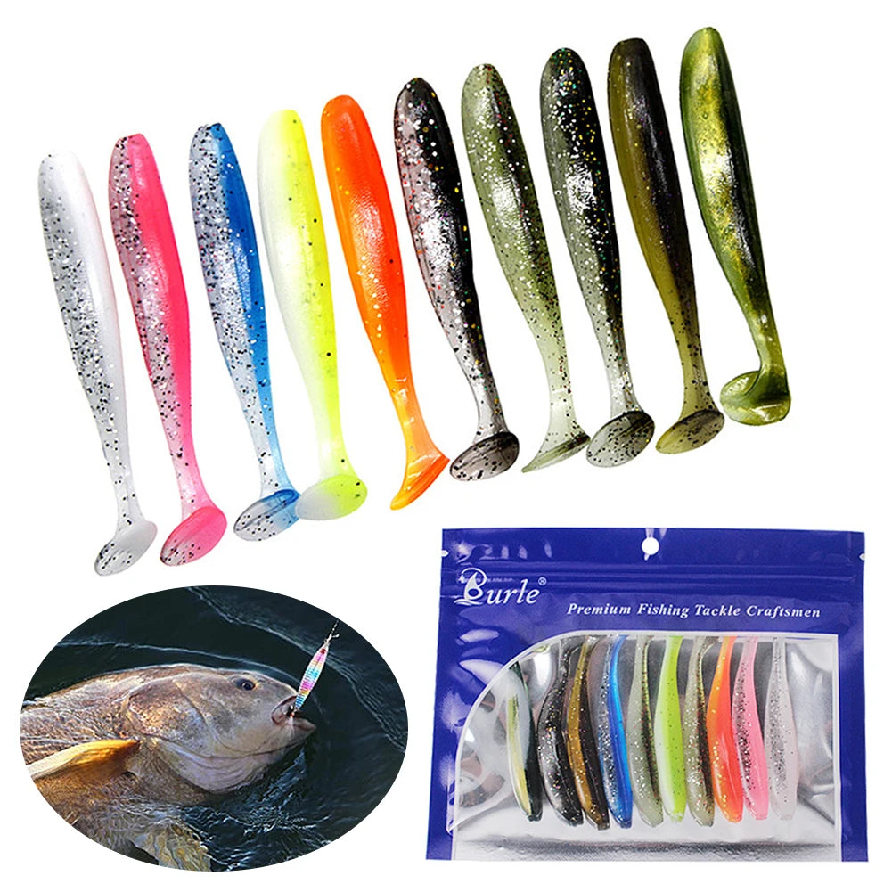 10Pcs 9cm T Tail Worm Soft Bait Plastic Fishing Soft Lure Paddle Tail Swim Baits for Bass Trout Freshwater Saltwater