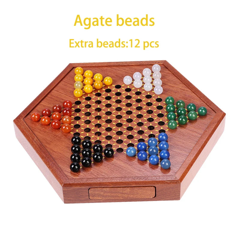 1 Set Solid Wood Checkers Set - Agate Marble Checkers - Glass Ball Pachisi - Children's Strategic Puzzle Game