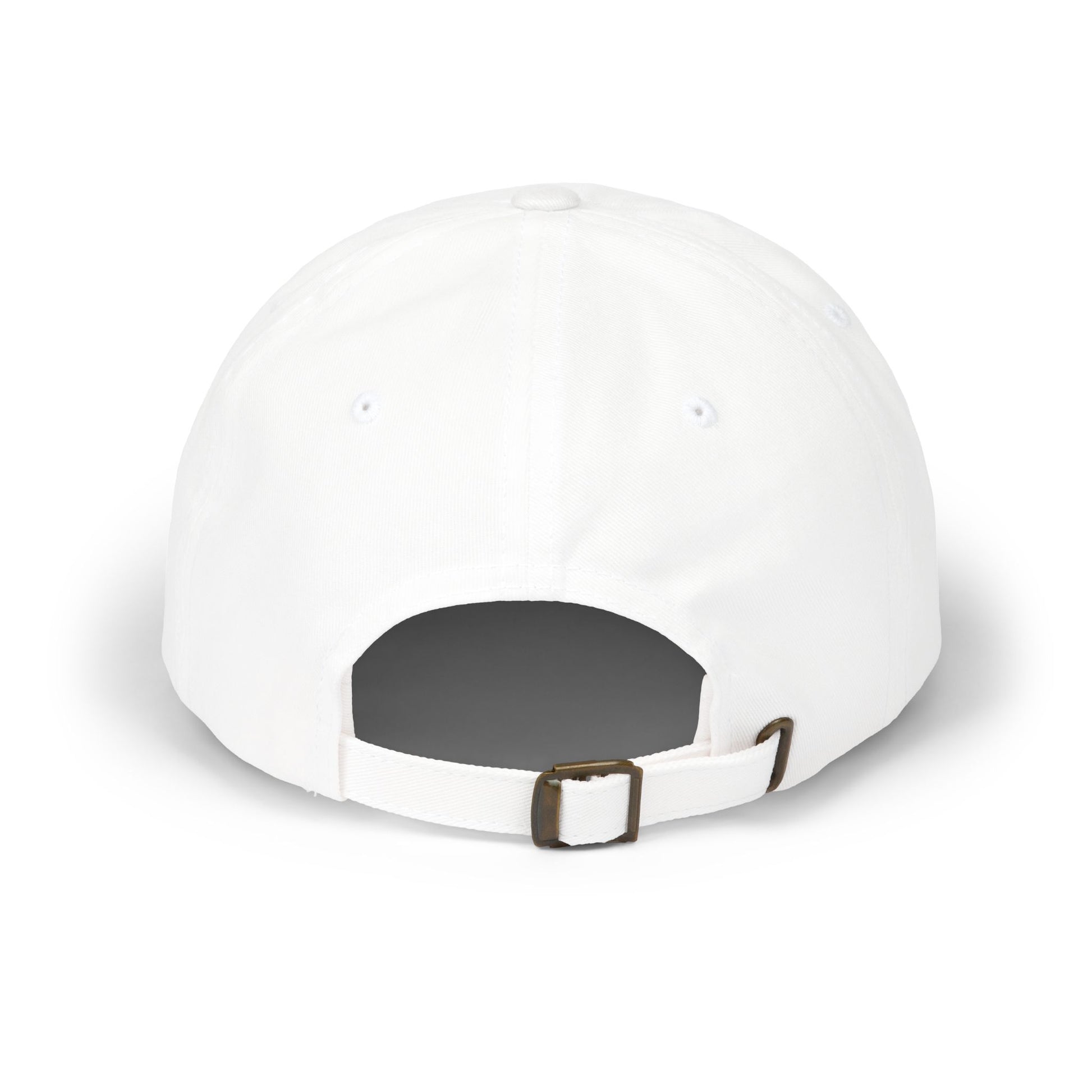 White baseball cap with a brown buckle on a white background