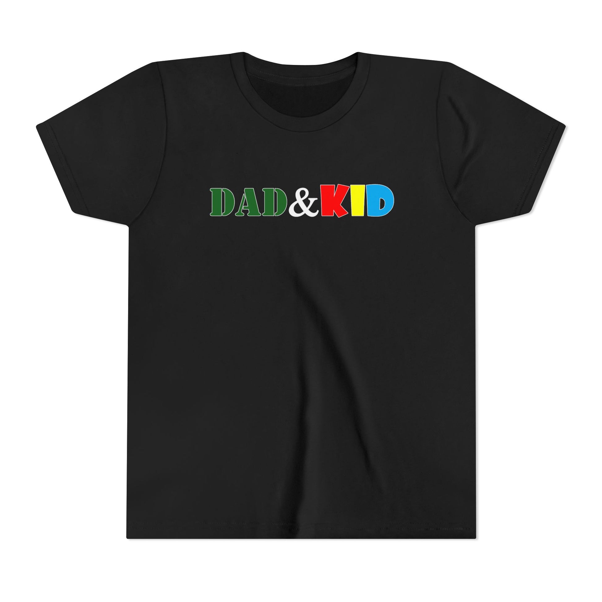 Black t-shirt with 'DAD & KID' text in colorful letters on a white background