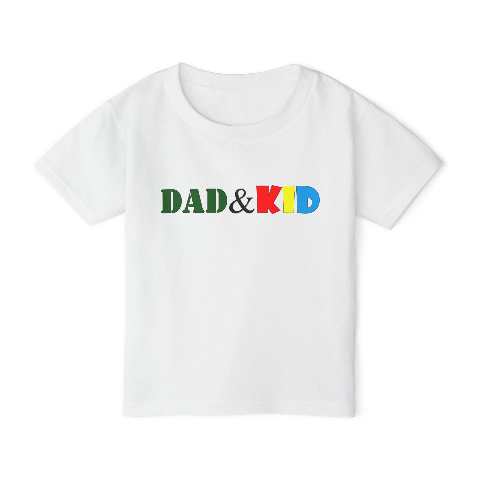 White t-shirt with 'DAD & KID' text in colorful letters on a white background