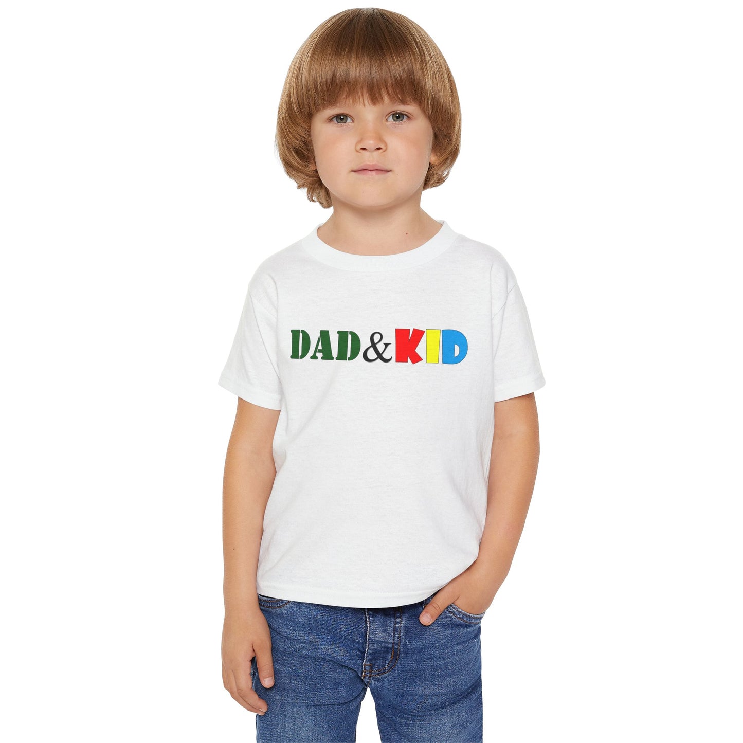 Child wearing a white t-shirt with 'DAD & KID' text in colorful letters on a white background