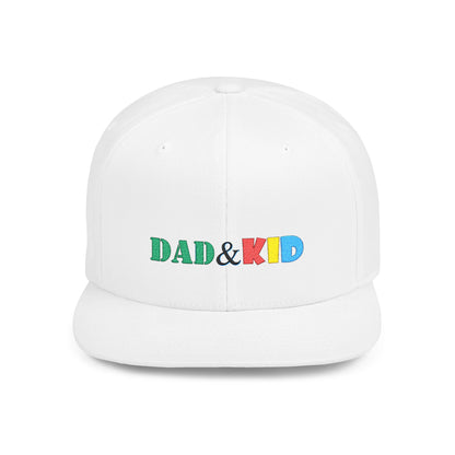 White cap with 'DAD & KID' text in colorful letters on a white background