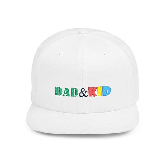 White cap with 'DAD & KID' text in colorful letters on a white background
