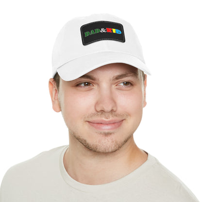 Man wearing a white cap with colorful text on a white background