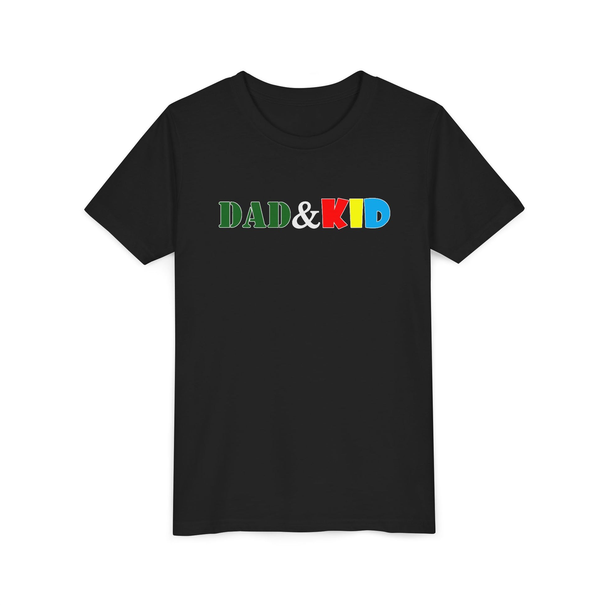 Black t-shirt with 'DAD & KID' in colorful letters on a white background