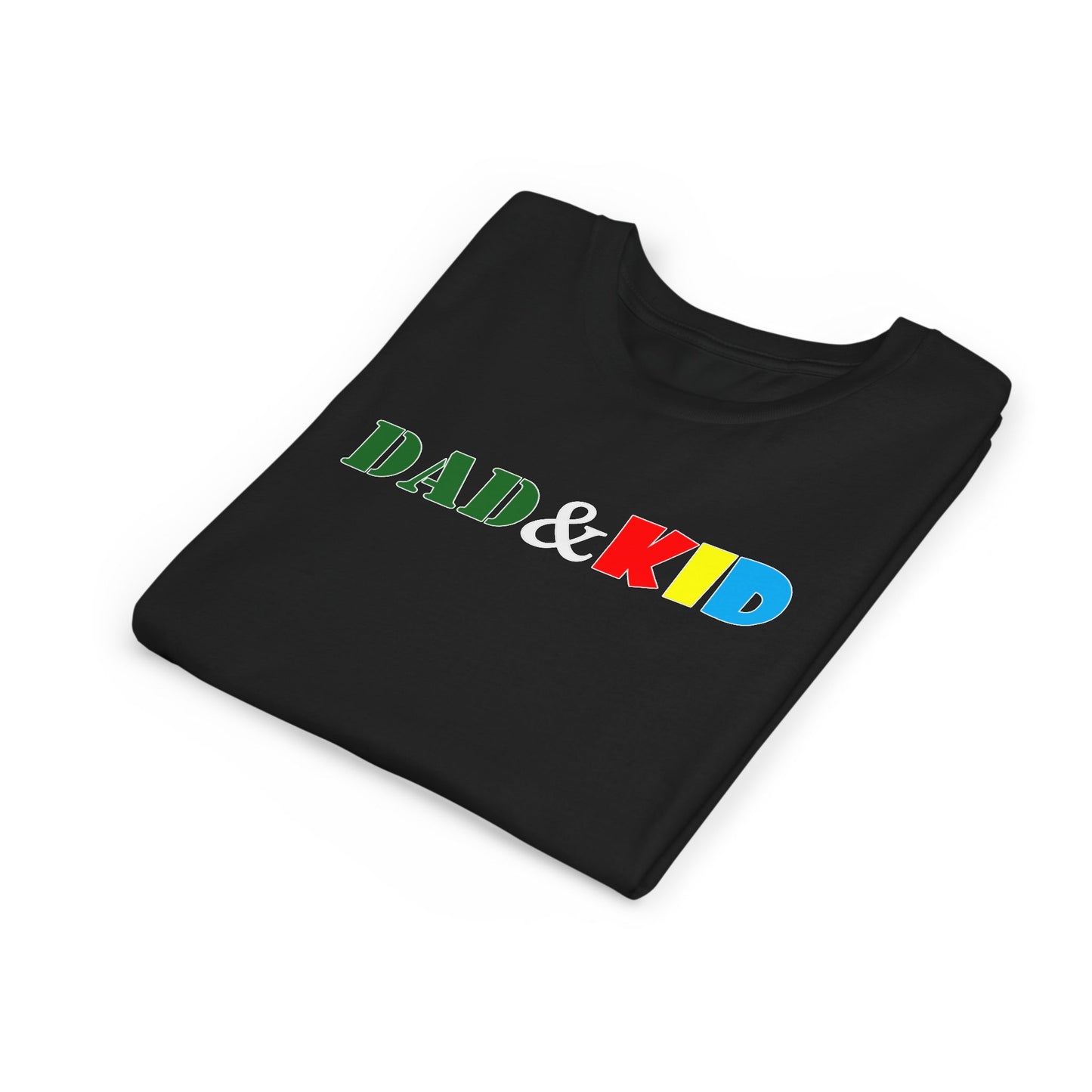 Black t-shirt with 'DAD & KID' text in colorful letters on a white background