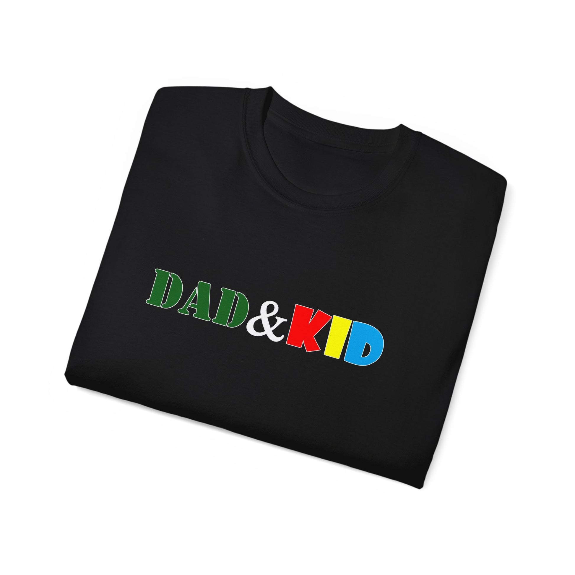 Folded black t-shirt with 'DAD & KID' text in colorful letters on a white background