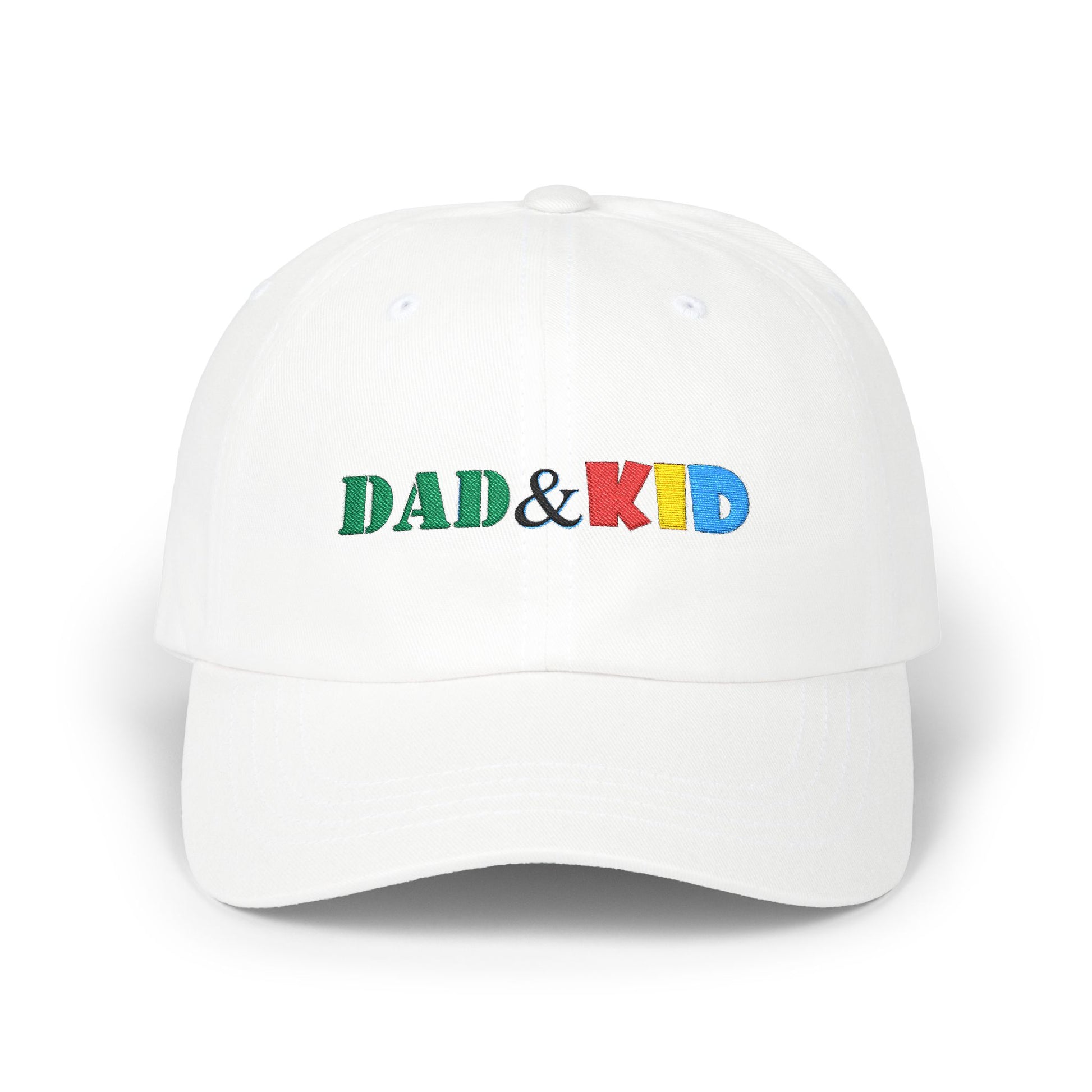White cap with 'DAD & KID' text in colorful letters on a white background
