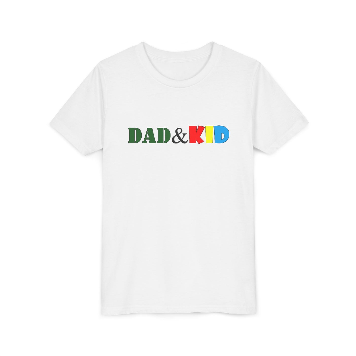 White t-shirt with 'DAD & KID' text in colorful letters on a white background