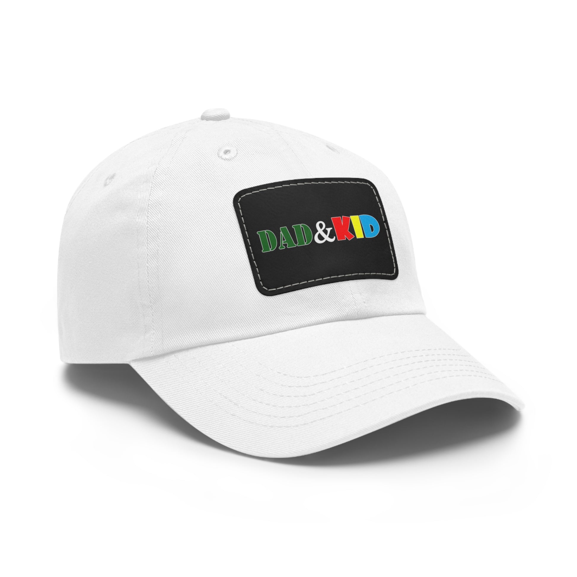 White cap with a colorful 'DAD & KID' patch on a white background
