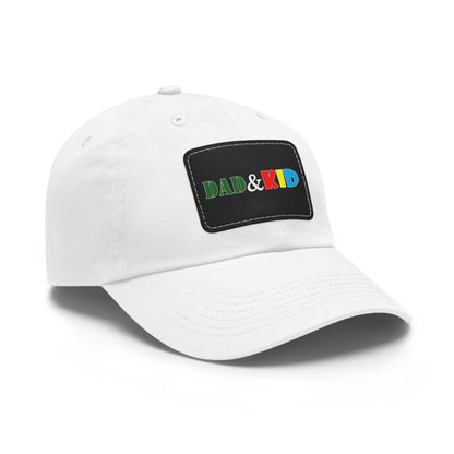 White cap with a colorful 'DAD & KID' patch on a white background