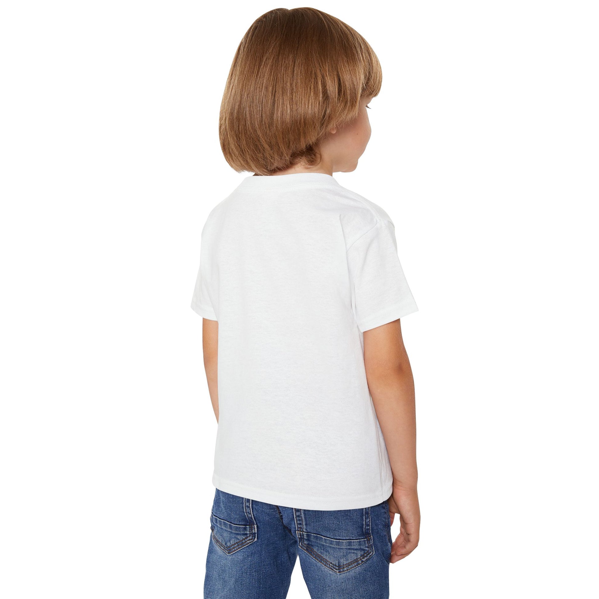 Child wearing a white t-shirt and blue jeans on a white background
