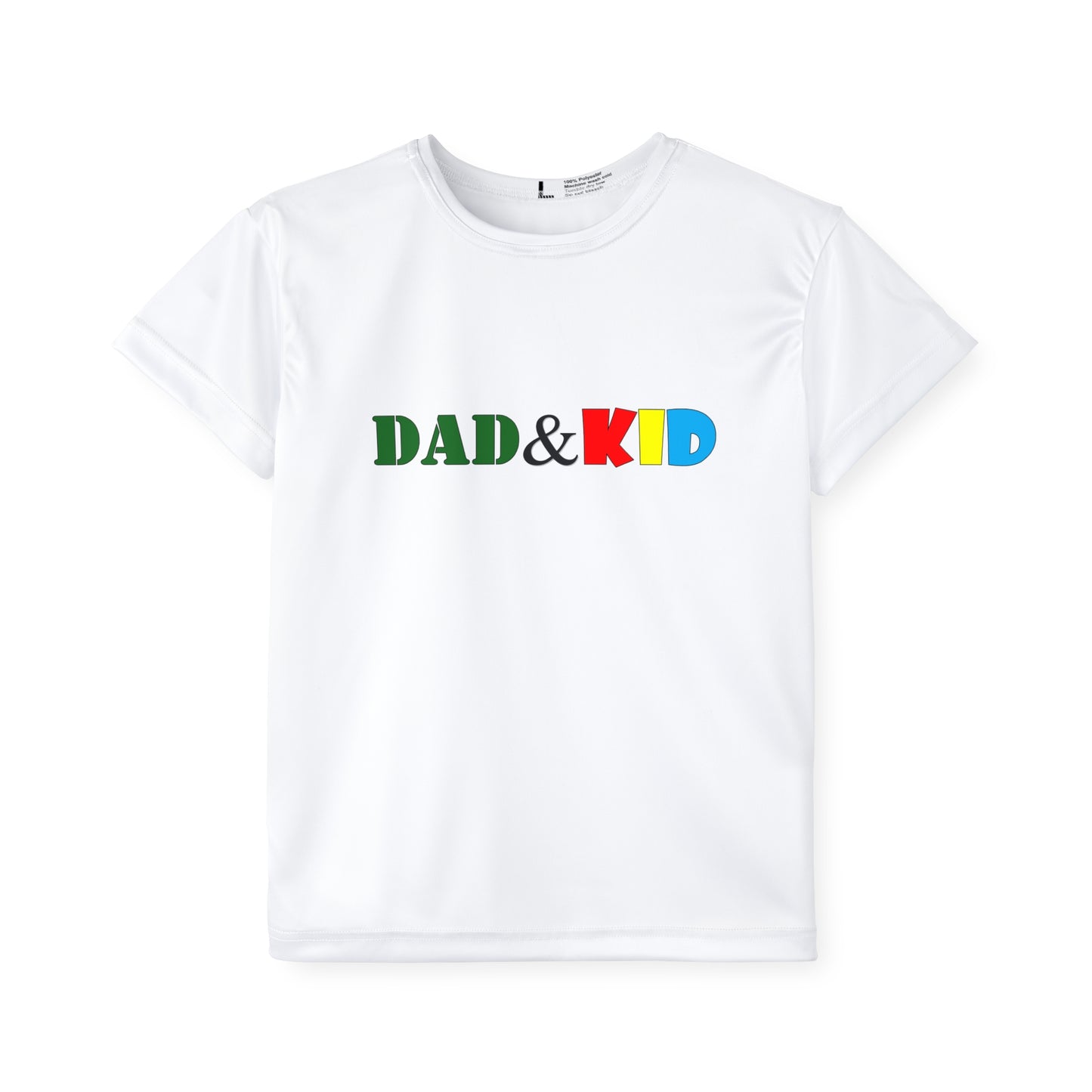 White t-shirt with 'DAD & KID' text in colorful letters on a white background