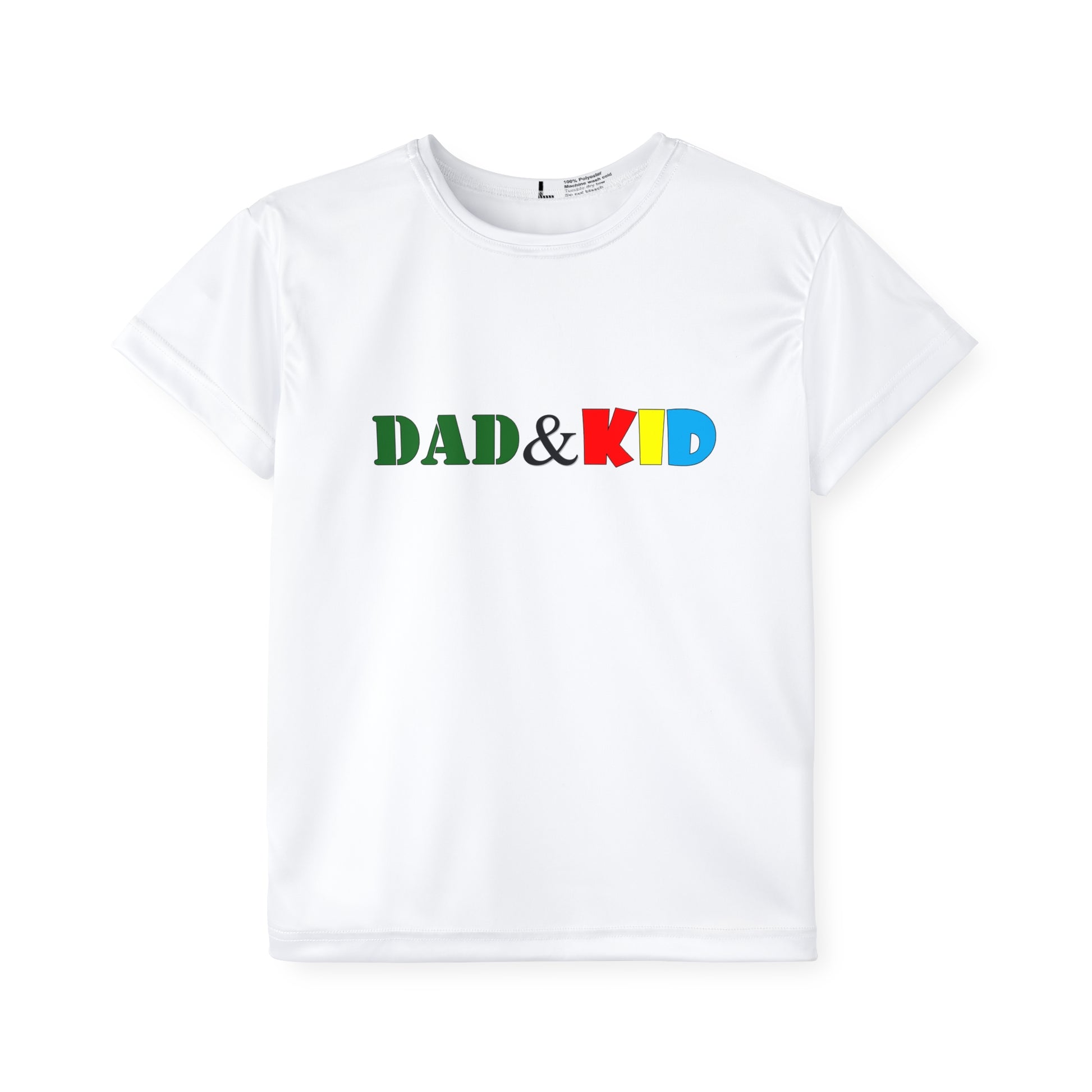 White t-shirt with 'DAD & KID' text in colorful letters on a white background