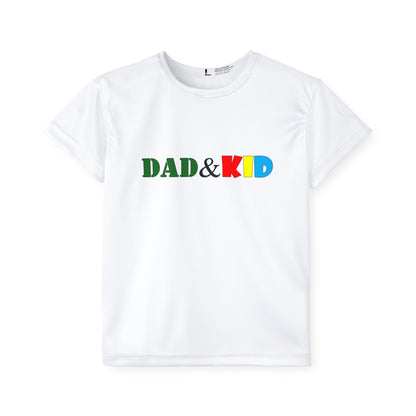 White t-shirt with 'DAD & KID' text in colorful letters on a white background