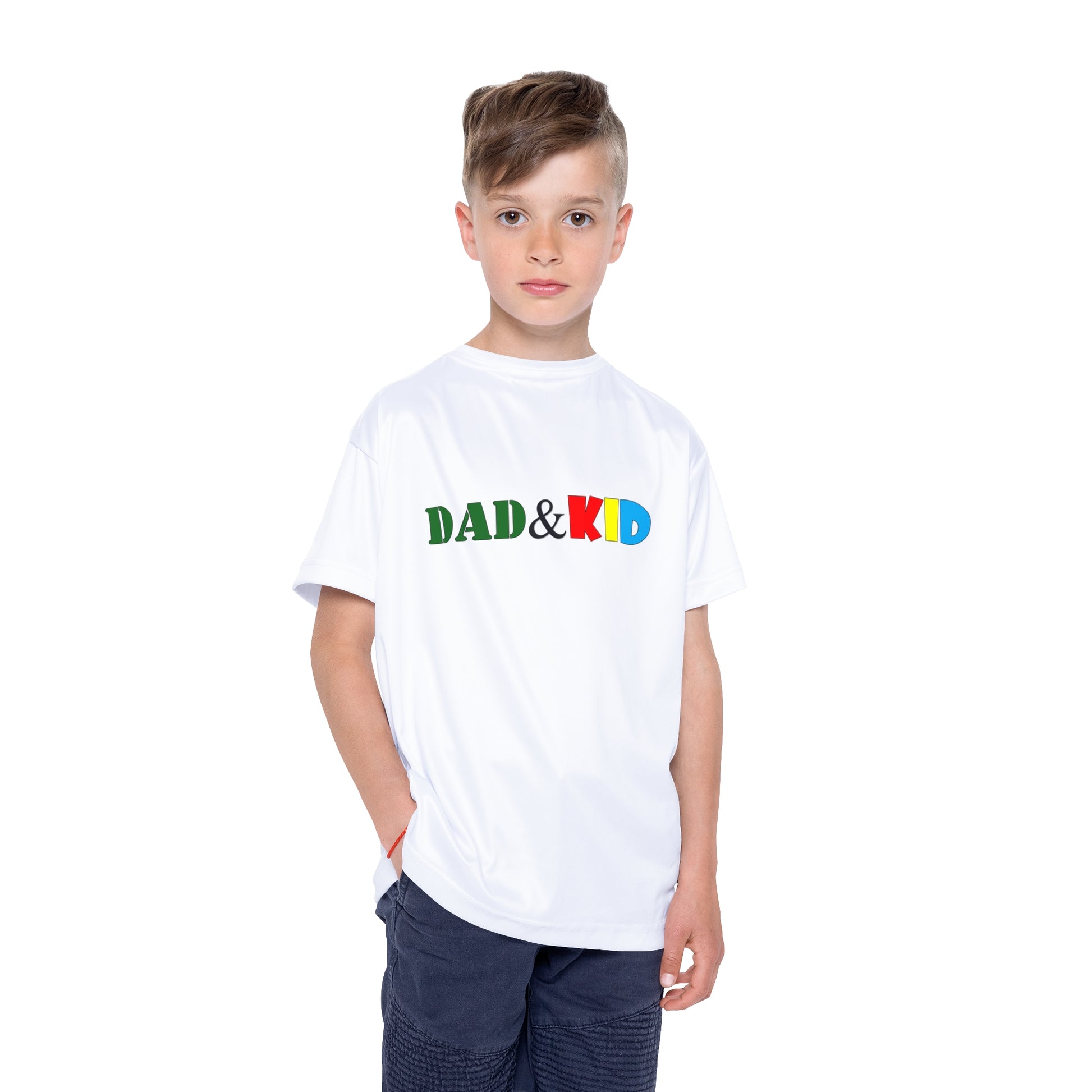 Child wearing a white t-shirt with 'DAD & KID' text in colorful letters on a white background