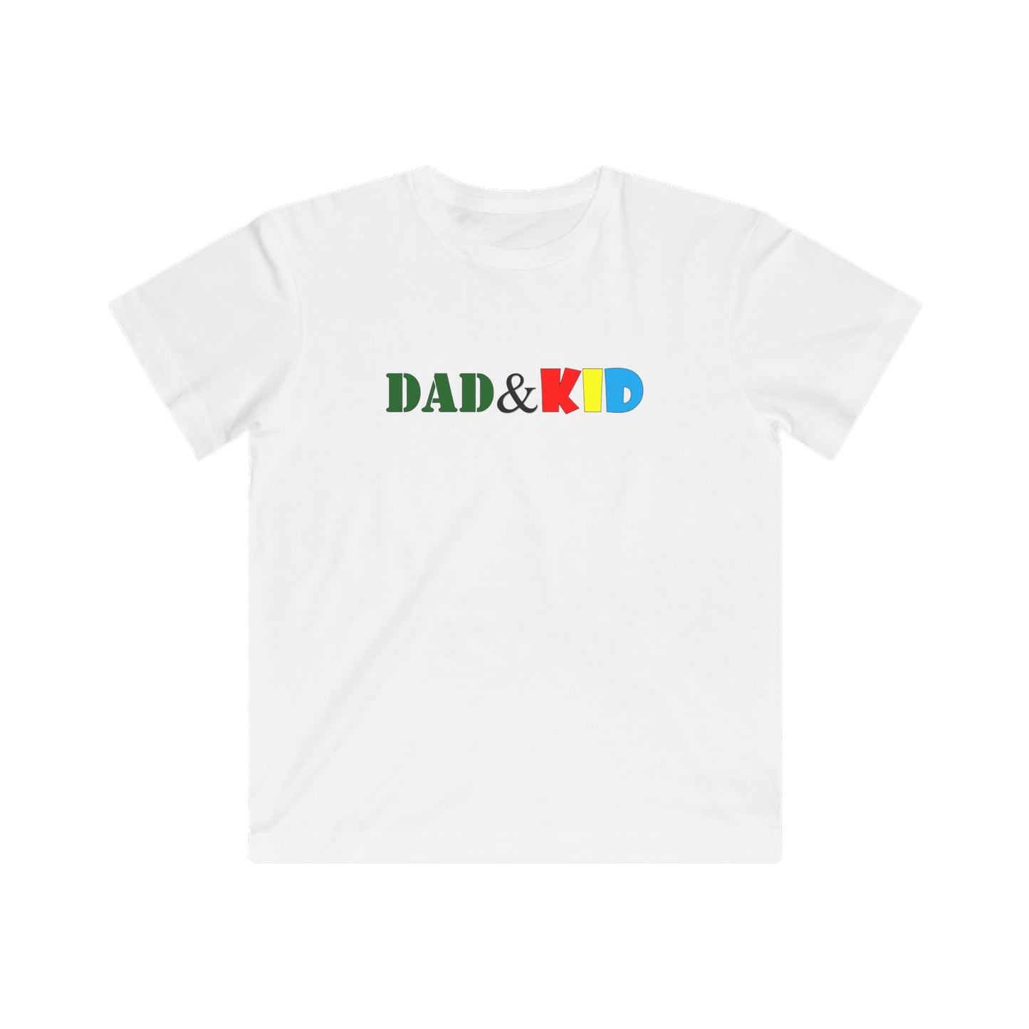 White t-shirt with 'DAD & KID' text in colorful letters on a white background