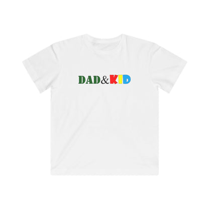 White t-shirt with 'DAD & KID' text in colorful letters on a white background