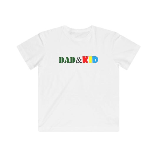 White t-shirt with 'DAD & KID' text in colorful letters on a white background