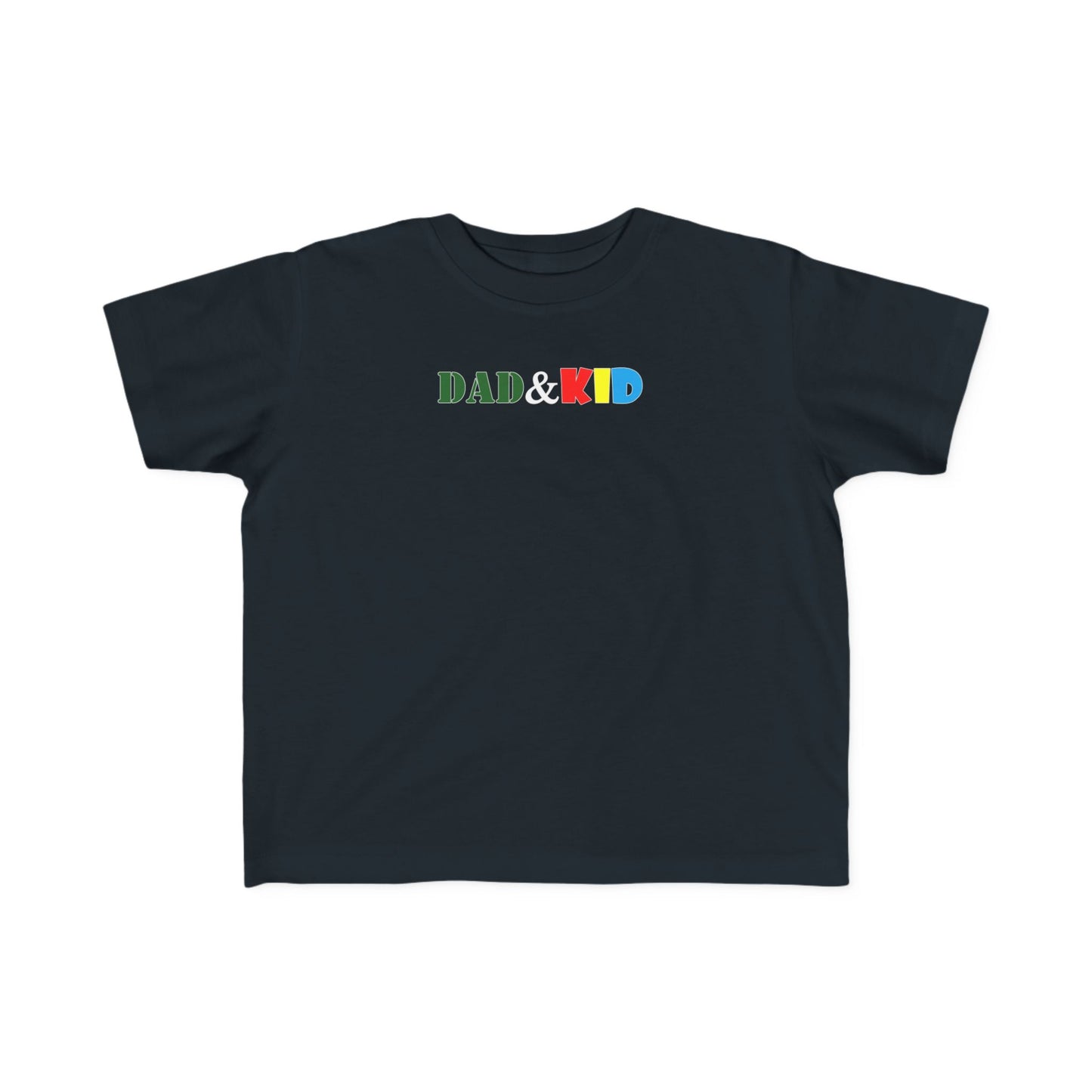 Black t-shirt with 'DAD & KID' text in colorful letters on a white background
