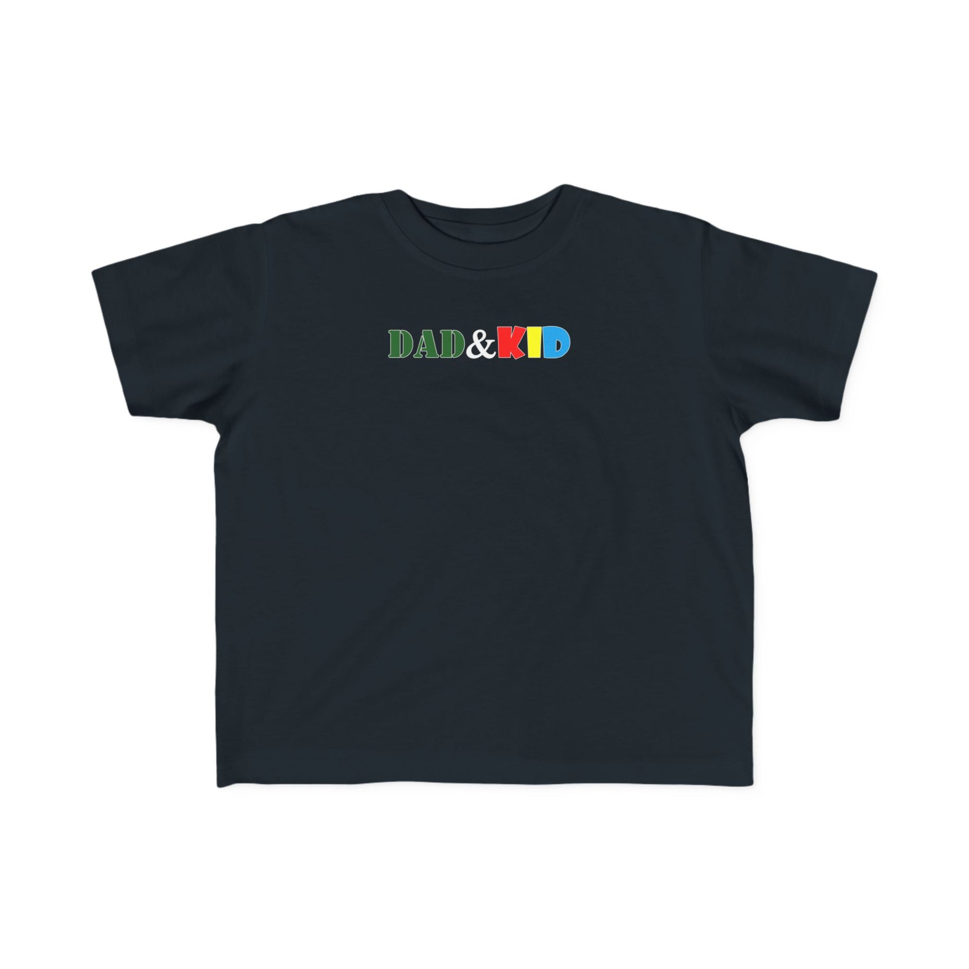 Black t-shirt with 'DAD & KID' text in colorful letters on a white background