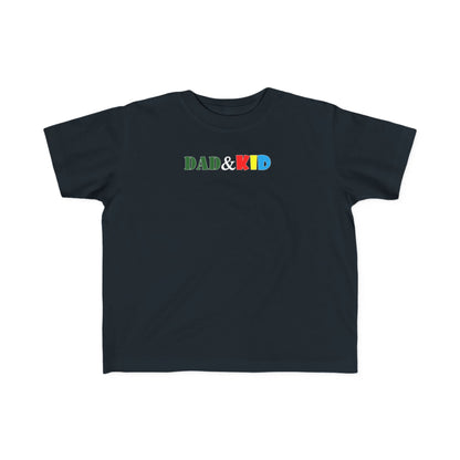 Black t-shirt with 'DAD & KID' text in colorful letters on a white background
