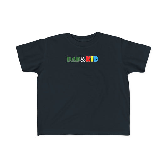 Black t-shirt with 'DAD & KID' text in colorful letters on a white background