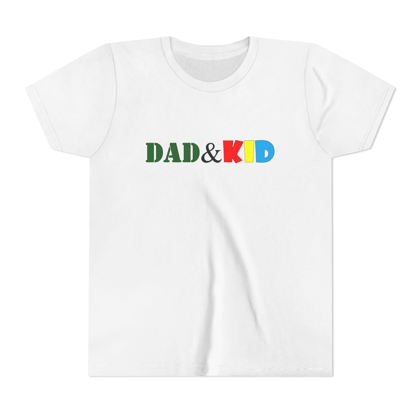 White t-shirt with 'DAD & KID' text in colorful letters on a white background