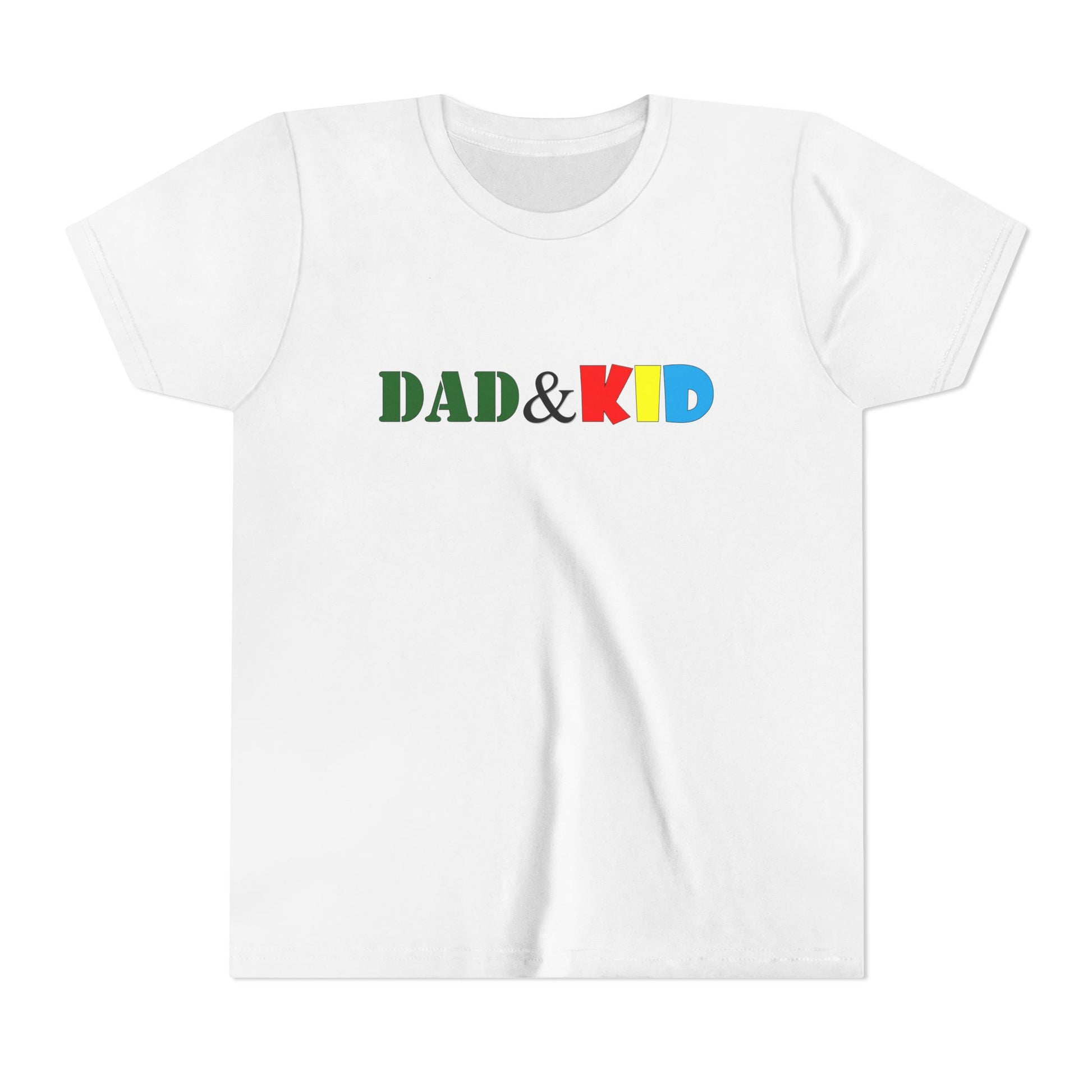 White t-shirt with 'DAD & KID' text in colorful letters on a white background