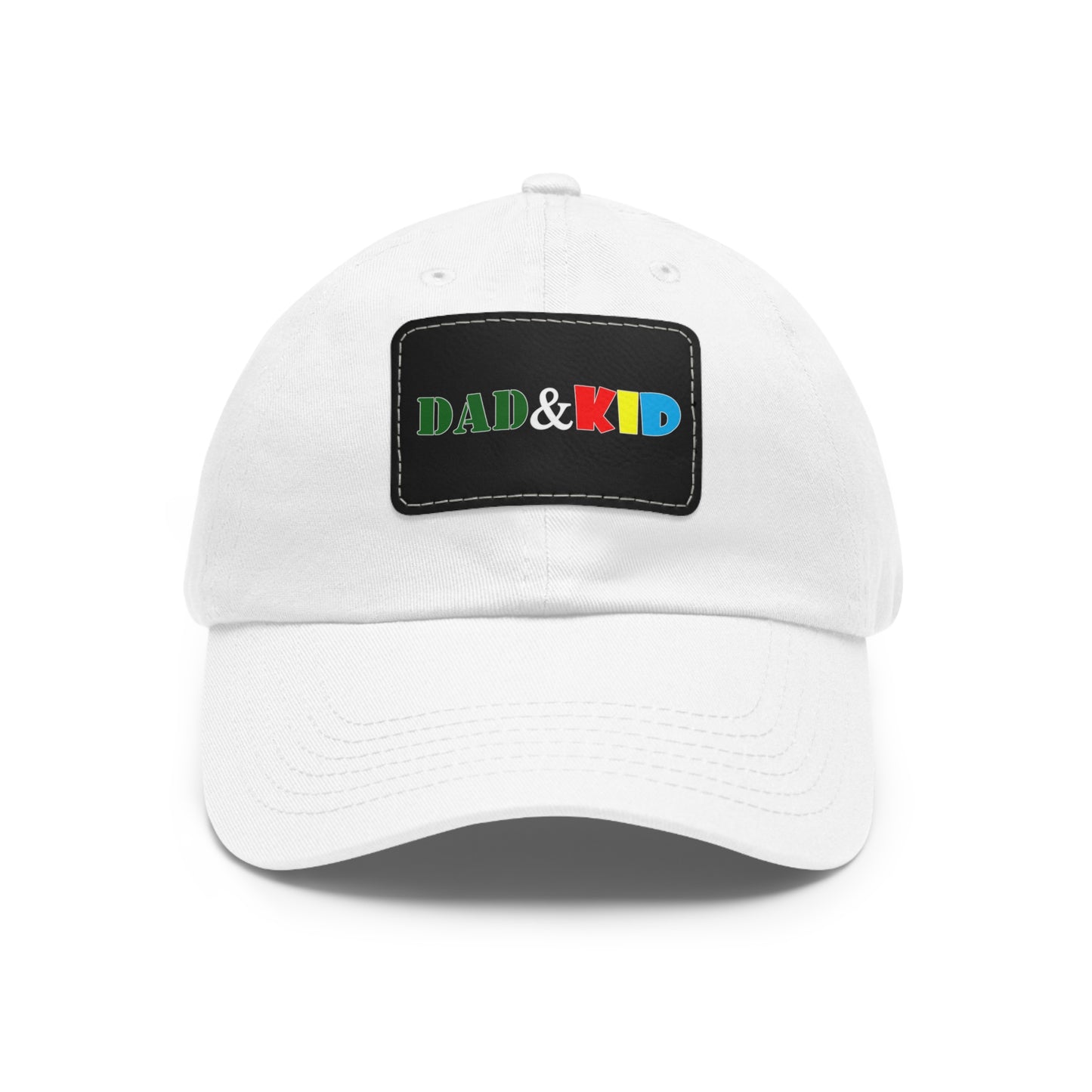 White cap with a colorful 'DAD & KID' patch on a white background