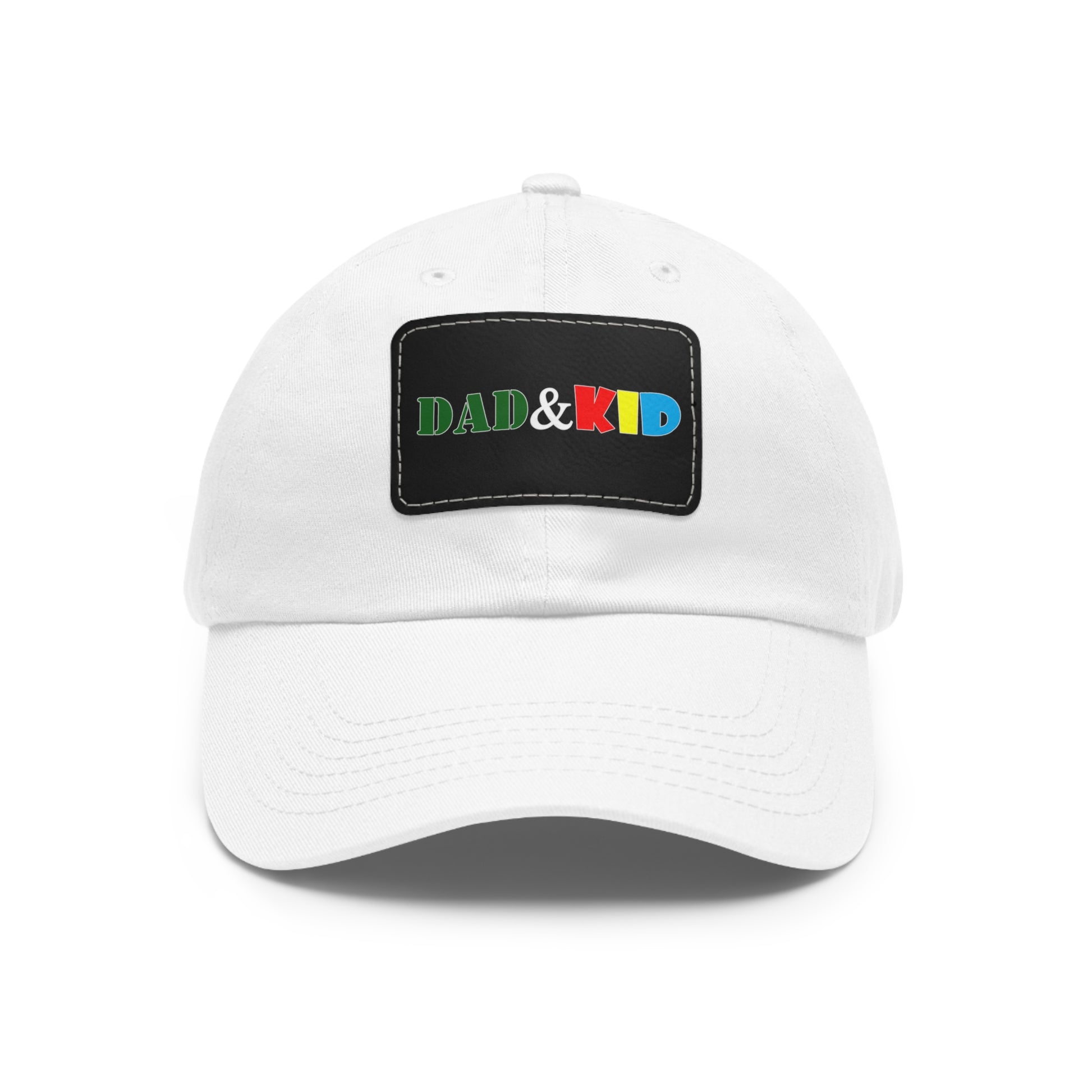 White cap with a colorful 'DAD & KID' patch on a white background