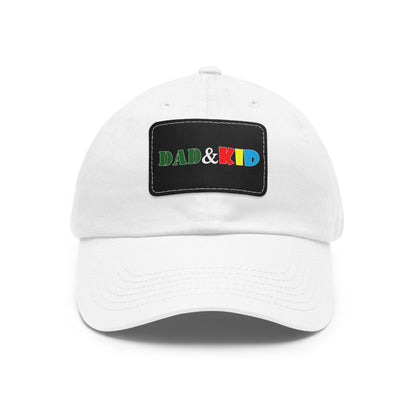 White cap with a colorful 'DAD & KID' patch on a white background