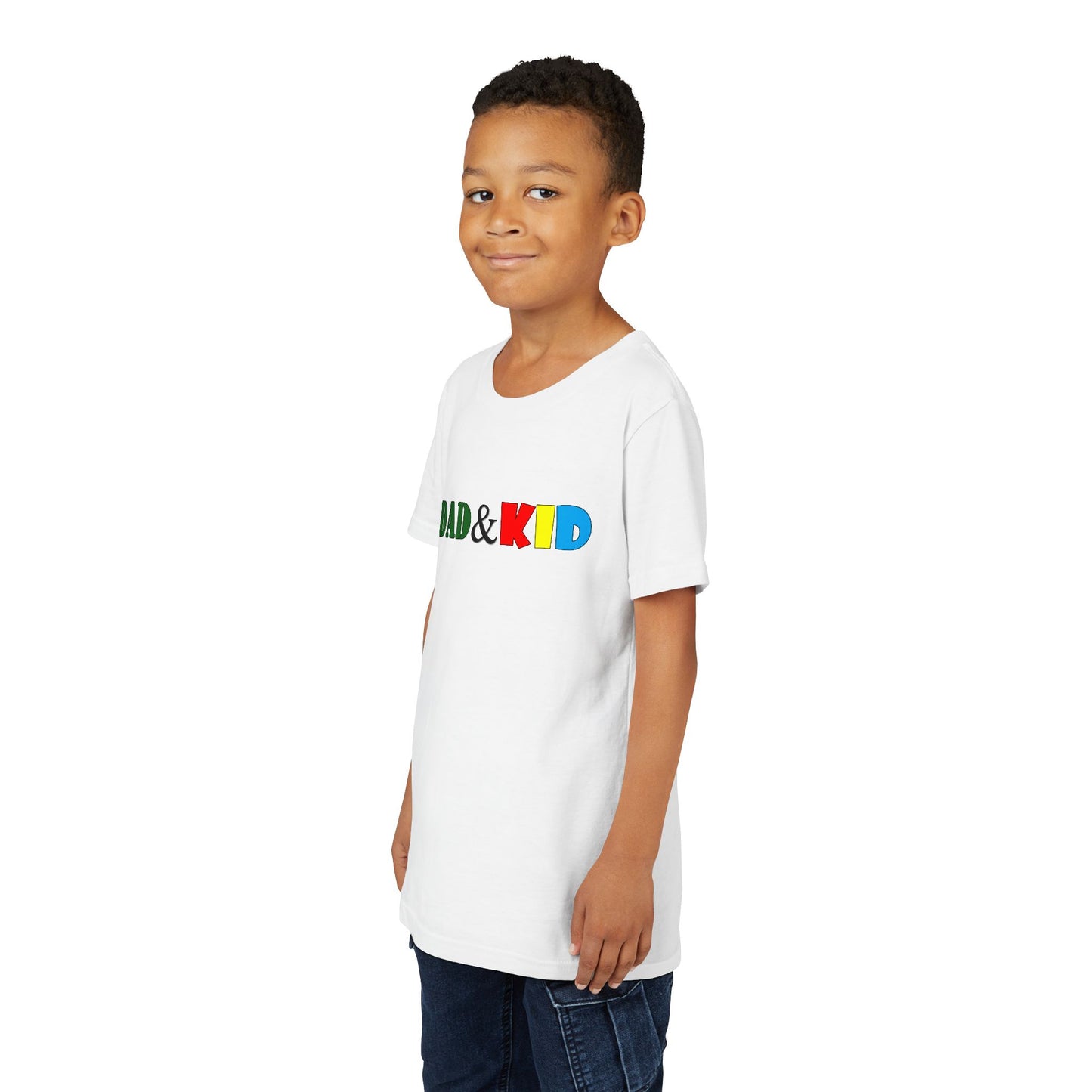 Child wearing a white t-shirt with colorful text on a white background