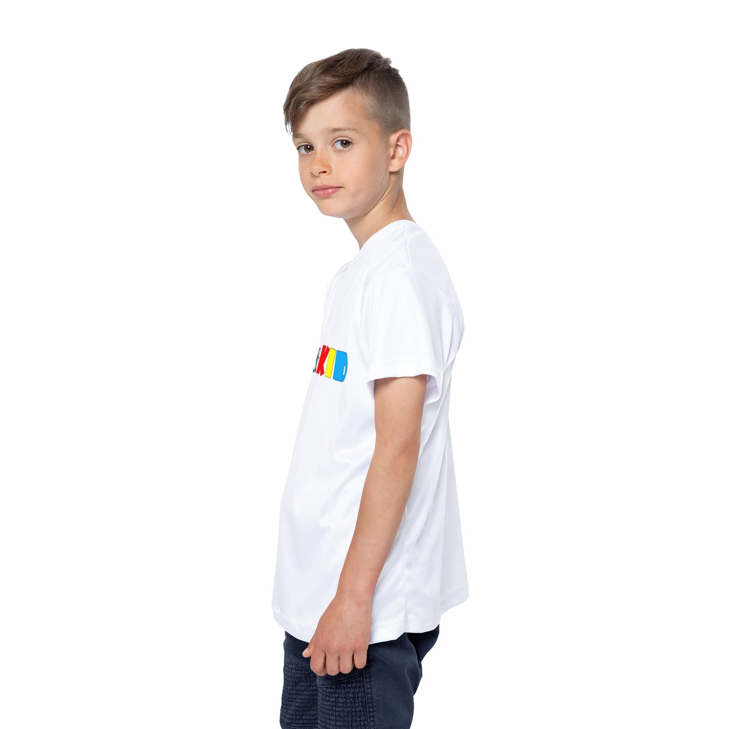 Child wearing a white t-shirt with a colorful logo on a white background