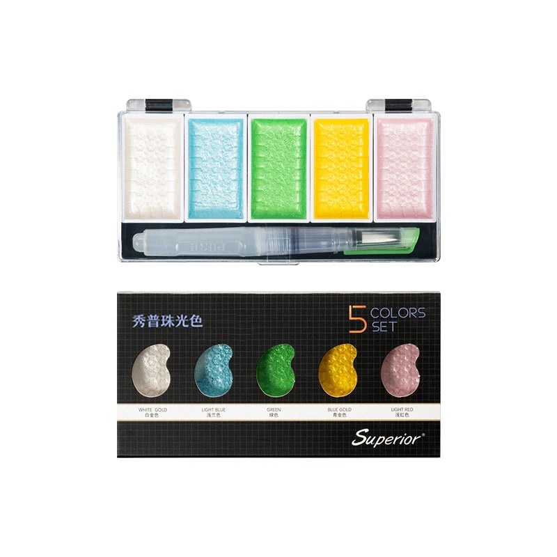 Premium 5/8Colors Solid Water Color Set Metallic Gold Pigment Paint With Waterbrush For Artist Painting Watercolors Art Supplies