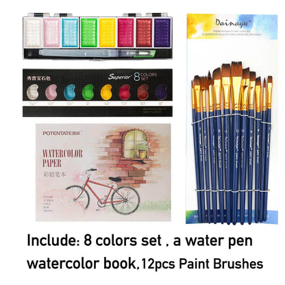 Premium 5/8Colors Solid Water Color Set Metallic Gold Pigment Paint With Waterbrush For Artist Painting Watercolors Art Supplies