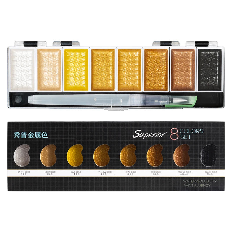 Premium 5/8Colors Solid Water Color Set Metallic Gold Pigment Paint With Waterbrush For Artist Painting Watercolors Art Supplies