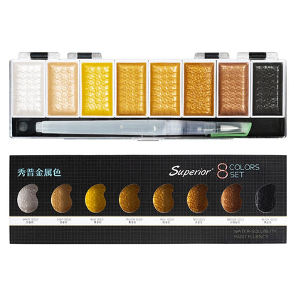 Premium 5/8Colors Solid Water Color Set Metallic Gold Pigment Paint With Waterbrush For Artist Painting Watercolors Art Supplies