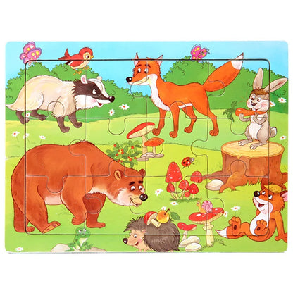 15*11cm 12pcs Wood Puzzle Kids Educational Toys Cartoon Animal/Traffic 3dD Wooden Puzzle Jigsaw Toys For Children Gifts