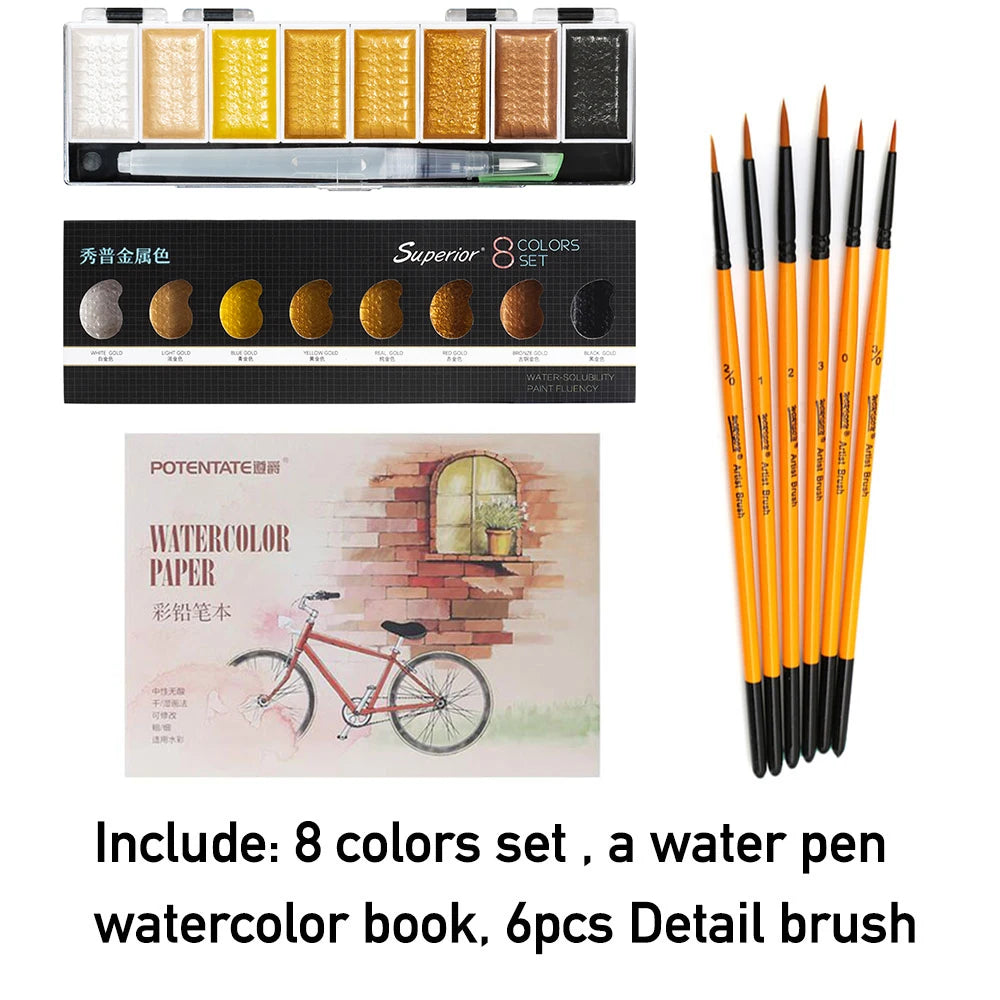 Premium 5/8Colors Solid Water Color Set Metallic Gold Pigment Paint With Waterbrush For Artist Painting Watercolors Art Supplies
